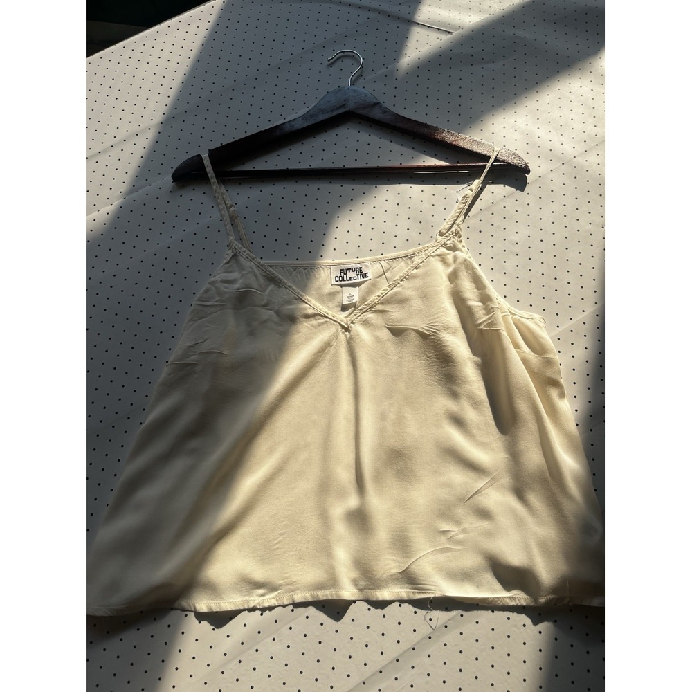Ivory Satin Cami Quiet Luxury Layering Tank Top V Neck Adjustable Straps Large